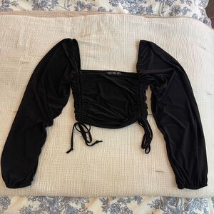 Black Sinched Cropped Top w/ Balloon Sleeves